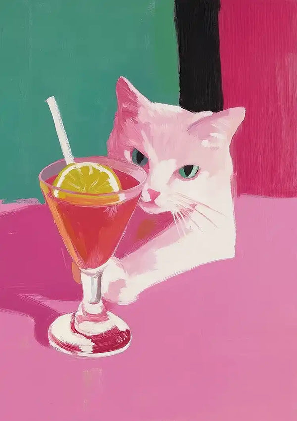 Kat met cocktail schilderij