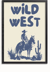 Een ingelijst CollageDepot Wild West Schilderij met bovenaan de tekst "WILD WEST" in grote, opvallende letters. Onder de tekst is een silhouet van een cowboy op een paard omgeven door woestijnplanten, waaronder een cactus. Het kunstwerk is voorzien van een handig magnetisch ophangsysteem voor eenvoudige weergave.,Zwart-Zonder,Lichtbruin-Zonder,showOne,Zonder