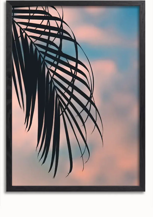 Een ingelijste foto van gesilhouetteerde palmbladeren tegen een pastelkleurige hemel met roze en blauwe tinten. De foto legt de delicate, verweven structuur van de palmbladeren vast. Dit Palmblad Close Up Schilderij van CollageDepot wordt geleverd met een handig magnetisch ophangsysteem voor eenvoudige installatie.