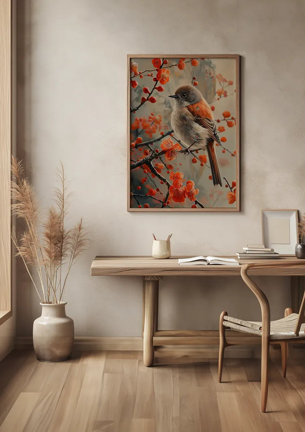 Een minimalistische kamer met houten vloeren, voorzien van een houten bureau en stoel. Op het bureau staan een kopje potloden, een gesloten notitieboekje en een decoratieve kom. Boven het bureau hangt een elegant CollageDepot Vogeltje In Bloesemtijd Schilderij van een vogel op een tak met oranje bloemen. In de hoek staat een potplant.,Lichtbruin