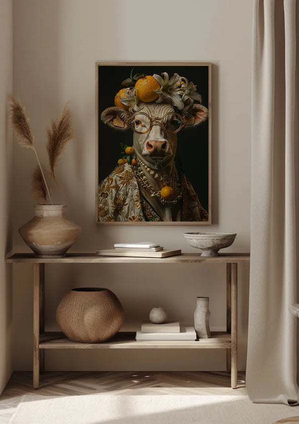 Een ingelijst Koe Couture Schilderij van CollageDepot van een koe met een bril en versierd met verschillende soorten fruit en bloemen op haar kop, wordt aan een gebroken witte muur gehangen met behulp van een magnetisch ophangsysteem. Daaronder toont een plank vazen, een kom en andere decoratieve voorwerpen. De kamer heeft een neutraal kleurenpalet.,Lichtbruin
