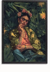Een Geschilderd Bloemenrust Portretschilderij van CollageDepot toont een persoon met gesloten ogen, gekleed in een gebloemd hoofddeksel, een groen jasje met bloemenmotief, een roze topje en een blauwe spijkerbroek. De figuur zit in een weelderige, groene omgeving met gele bloemen op de achtergrond.,Zwart-Zonder,Lichtbruin-Zonder,showOne,Zonder