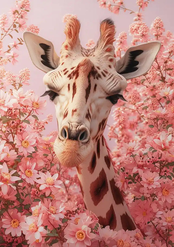 Een schilderij van De Giraffe In Bloesempracht van CollageDepot met lichtbruine vlekken staat tussen roze bloemen in volle bloei. Zijn hoofd en nek zijn duidelijk zichtbaar en de achtergrond is gevuld met dichte trossen roze bloemen. Perfect voor wanddecoratie, dit stuk voegt een vleugje natuur toe aan elke ruimte.