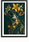 Een speels schilderij toont een koe met een ronde bril, een hoed versierd met gele bloemen en een ketting van citrusvruchten. Gekleed in een sierlijk jasje met bloemversieringen steekt de koe af tegen de donkere achtergrond. Ideaal als wanddecoratie, CollageDepot's De Gestylde Koe Schilderij bevat ook een magnetisch ophangsysteem voor eenvoudig ophangen.,Zwart-Met,Lichtbruin-Met,showOne,Met