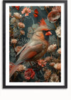 Een ingelijste Vogel in Bloemenpracht Schilderij van CollageDepot toont een kardinaal tussen verschillende bloeiende bloemen. De kardinaal heeft levendige rode veren op de kuif en rond de snavel, die contrasteren met de zachte, gedempte kleuren van de bloemen en bladeren op de achtergrond. Deze elegante wanddecoratie is eenvoudig op te hangen met een magnetisch ophangsysteem.,Zwart-Met,Lichtbruin-Met,showOne,Met
