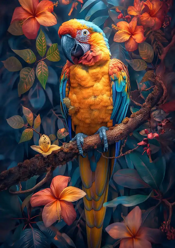 Een levendige papegaai met feloranje, blauwe en gele veren zit op een tak. Eromheen staan kleurrijke bloemen en groene bladeren, waardoor een levendig jungletafereel ontstaat. Het Papegaai in Bloeiende Schoonheid Schilderij van CollageDepot kijkt rechtstreeks naar de camera en steekt af tegen de rijke achtergrond als perfecte wanddecoratie.