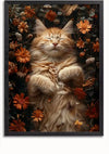 Een pluizige oranje kat ligt op zijn rug met gesloten ogen, omringd door een reeks levendige oranje bloemen en groen gebladerte. Vlinders en kleine insecten fladderen tussen de bloemen. Dit charmante tafereel, perfect voor wanddecoratie, is prachtig ingelijst met een zwarte rand en bevat een magnetisch ophangsysteem voor eenvoudige weergave. Maak kennis met het Cat Nap Between Beautiful Flowers-schilderij van CollageDepot.,Zwart-Zonder,Lichtbruin-Zonder,showOne,Zonder