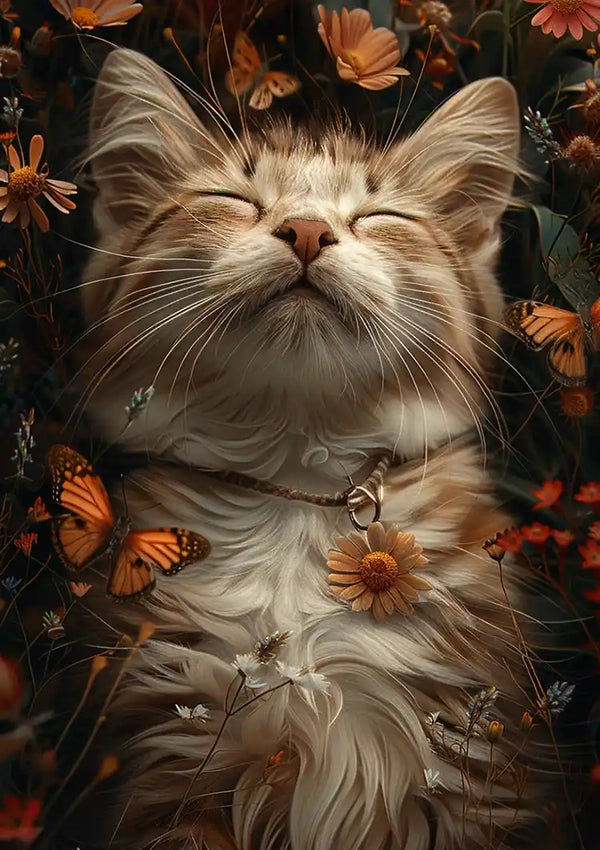 Een pluizige beige kat met gesloten ogen zit te midden van oranje en bruine bloemen in een prachtig Fluffy Cat Resting Among Flowers Schilderij van CollageDepot. De kat draagt een halsband met een bloemenhanger en er zweven verschillende vlinders omheen, wat bijdraagt aan het serene en natuurrijke tafereel - perfect als wanddecoratie voor elke kamer.