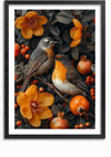 Op een ingelijst schilderij Vogels Tussen Oranje Bloemen En Bessen van CollageDepot zijn twee vogels te zien die op takken zitten te midden van oranje bloemen, bessen en granaatappels. De vogels hebben kleuren die bruin, wit en oranje mengen. De achtergrond bestaat uit donkergroene bladeren, waardoor een rijke en levendige wanddecoratie ontstaat die eenvoudig kan worden weergegeven met een magnetisch ophangsysteem.,Zwart-Met,Lichtbruin-Met,showOne,Met