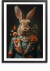 Een CollageDepot Konijn In Pak Schilderij, prachtig ingelijst, toont een konijn gekleed in een sierlijk pak met bloemenmotief en bloemen om zijn nek. De donkere achtergrond benadrukt de ingewikkelde details van de kleding. Deze elegante wanddecoratie is voorzien van een magnetisch ophangsysteem voor een moeiteloze presentatie.,Zwart-Met,Lichtbruin-Met,showOne,Met