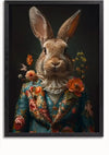 Een ingelijst Konijn In Pak Schilderij van CollageDepot toont een konijn gekleed in een formeel, sierlijk bloemenpak met hoge kraag. Het konijn is geposeerd op een manier die lijkt op een klassiek portret, met een donkere achtergrond en oranje bloemen die de kleding accentueren. Perfect voor wanddecoratie, hij beschikt zelfs over een magnetisch ophangsysteem.,Zwart-Zonder,Lichtbruin-Zonder,showOne,Zonder
