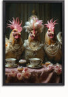 Een grillig Een Kippen High Tea Schilderij van CollageDepot toont drie kippen versierd met uitgebreide sieraden, waaronder parels en halskettingen. Ze zitten aan een tafel gedekt met theekopjes, cupcakes en rozen, wat een fantasierijke high tea party-scène oproept.,Zwart-Zonder,Lichtbruin-Zonder,showOne,Zonder