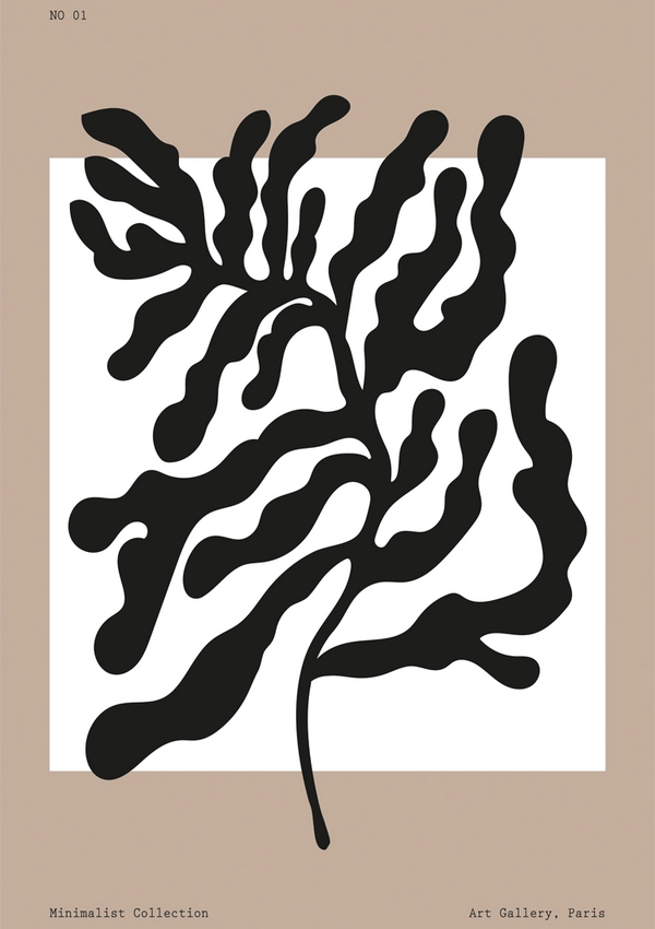 Een minimalistische poster, perfect voor wanddecoratie, heeft een abstracte zwarte plantachtige vorm op een witte achtergrond, afgezet tegen een beige frame. De tekst luidt onderaan 'NO 01', 'Minimalist Collection' en 'Art Gallery, Paris'. Ideaal voor display met een magnetisch ophangsysteem. Dit Zwart blad abstracte schilderij van CollageDepot voegt een vleugje elegantie toe aan elke ruimte.