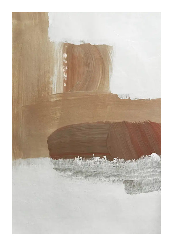 CollageDepot's bc 051 - abstract schilderij heeft brede, gestructureerde strepen van bruine en beige verf die elkaar overlappen, met een wit gedeelte aan de onderkant. De kleuren worden semi-gelaagd aangebracht, waardoor een minimalistische, aardetinten compositie ontstaat.-