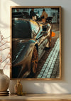 Een ingelijste foto van een strak, donkergekleurd Shiny Ferrari Schilderij van CollageDepot wordt als stijlvolle wanddecoratie aan de muur gehangen. Geparkeerd in een stadsstraat weerspiegelt het glanzende oppervlak de omgeving. Op de voorgrond staat een beige vaas met kleine takken en een amberkleurige glazen fles.,Lichtbruin