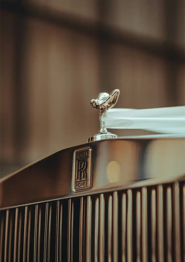 Close-up van het iconische "aaa 066 - auto's" motorkapornament op een Rolls-Royce, met de glanzende grille van de auto op de achtergrond. De focus ligt op het gedetailleerde zilveren beeld tegen een zachte, onscherpe achtergrond.-