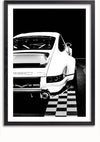 Zwart-witfoto van het achteraanzicht van een sportwagen, gecentreerd en ingelijst. De auto is voorzien van een prominente spoiler, een dubbel uitlaatsysteem en een klassiek rond ontwerp, wat de strakke en sportieve uitstraling benadrukt. Dit CollageDepot Zwart-Witte Porsche Schilderij straalt elegantie uit met zijn geblokte vloerachtergrond en donkere sfeer.,Zwart-Met,Lichtbruin-Met,showOne,Met