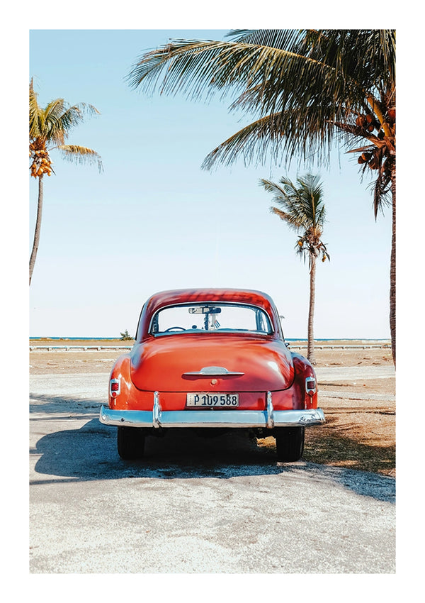 Een vintage rode CollageDepot-auto geparkeerd op een weg vlakbij een strand, geflankeerd door palmbomen onder een helderblauwe lucht. Het achteraanzicht van de auto toont een opvallend oud kenteken.-