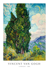 Een product van CollageDepot, getiteld "bcc 001 - gogh", toont een groep hoge, weelderige cipressen met wervelende penseelstreken. Het product, gemaakt in 1889, toont een levendig groen landschap met een bergachtige achtergrond onder een wervelende lucht.-