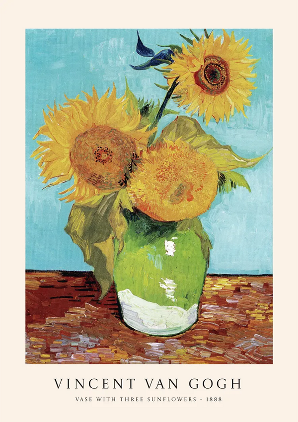Een schilderij van drie zonnebloemen in een groene vaas op een houten ondergrond tegen een lichtblauwe achtergrond. De tekst onder de afbeelding luidt: "CollageDepot, bcc 006 - gogh.-