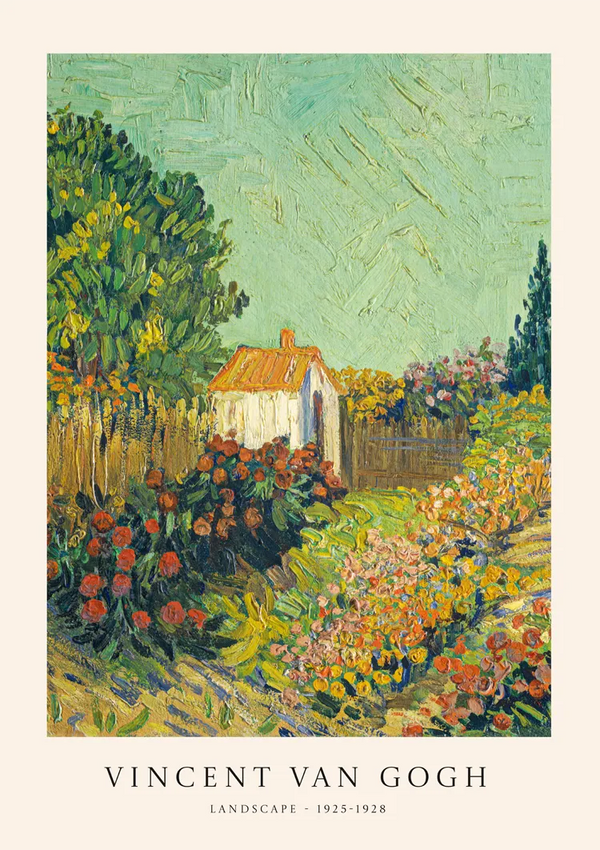 Een schilderij van Vincent van Gogh met de titel "Landschap" (1925-1928) is prachtig vastgelegd in het CollageDepot-product bcc 014 - gogh, met een afbeelding van een klein wit huis met een rood dak omgeven door weelderig groen en kleurrijke bloemen. De lucht is getextureerd met streepjes groen en blauw.-