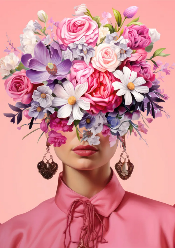 Een vrouw die een roze blouse draagt met een strik op de kraag, heeft haar gezicht verborgen door een groot boeket kleurrijke bloemen, waaronder rozen, madeliefjes en andere bloesems. Ze draagt ook ingewikkelde hartvormige oorbellen en staat tegen een roze achtergrond. De scène is prachtig ingelijst in ccc 009 - bekende schilders van CollageDepot.-