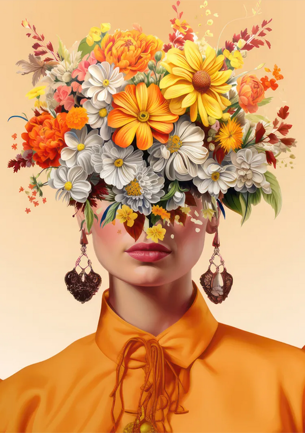 Een vrouw die oranje kleding en hartvormige oorbellen draagt, heeft haar gezicht gedeeltelijk verborgen door een uitgebreid arrangement van kleurrijke bloemen, waaronder gele, witte en oranje bloesems. De achtergrond is een verloop van warme tinten. Dit prachtige stuk is getiteld ccc 010 - bekende schilders van CollageDepot.-