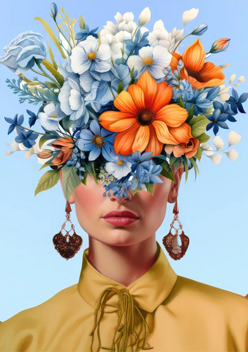We zien een vrouw in een gele blouse met een vastgebonden halslijn, terwijl haar ogen verborgen zijn door een groot, levendig boeket met diverse bloemen, waaronder oranje en blauwe bloemen. Ze draagt sierlijke, bungelende oorbellen. De achtergrond is een heldere, lichtblauwe lucht. Deze afbeelding is opgenomen in de ccc 011 - bekende schilders collectie van CollageDepot.-