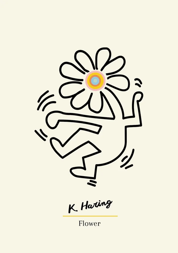 Een eenvoudige illustratie met de titel "Bloem" door K. Haring. Het stelt een mensachtige figuur voor met een bloem als hoofd. De tekening met krachtige, zwarte lijnen en een minimalistisch ontwerp op een lichtgekleurde achtergrond is onderdeel van "ccc 036 - bekende schilders" van CollageDepot.-