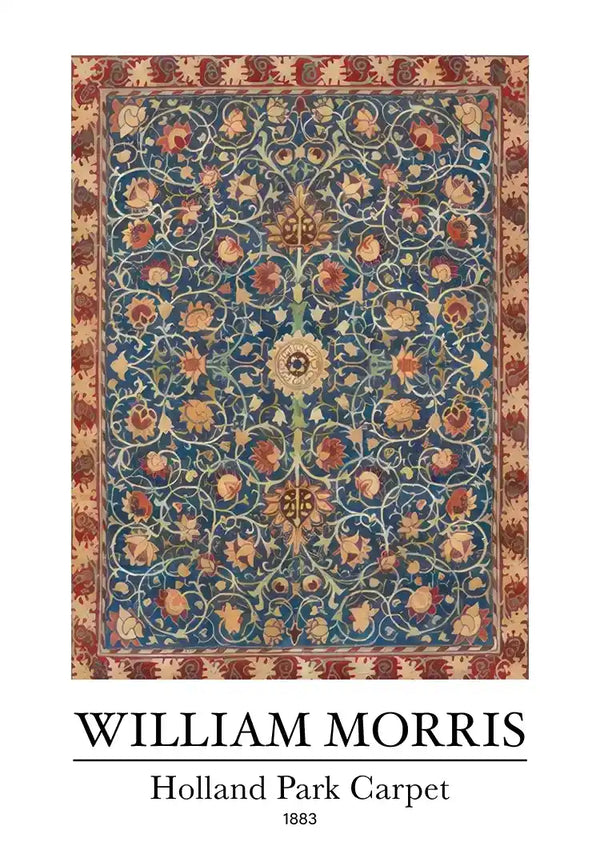 Een gedetailleerd tapijt met een ingewikkeld bloemmotief en een centraal medaillon, ontworpen door William Morris in 1883. Het tapijt, bekend als ccc 106 - bekende schilders van CollageDepot, heeft rijke, aardse tinten omlijst door een rand met een soortgelijk bloemmotief.-