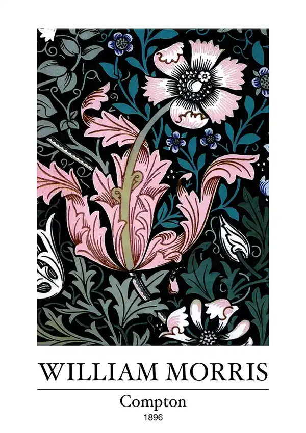 Een bloemenprint van William Morris met de titel "Compton" uit 1896. Het ontwerp heeft grote, gestileerde roze en witte bloemen met groen blad op een donkere achtergrond. De naam van de kunstenaar en de titel met het jaartal worden onder de afbeelding weergegeven op ccc 109 - bekende schilders van CollageDepot.-