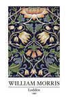 Er wordt een gedetailleerd bloemmotief getoond, ontworpen door William Morris. Het ontwerp, getiteld "Lodden", bevat met elkaar verweven bloemen en bladeren in de kleuren oranje, groen en beige tegen een donkere achtergrond. Onder de afbeelding staat de tekst "CollageDepot" en "ccc 112 - bekende schilders 1889.-