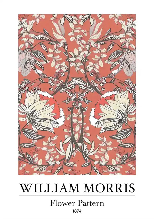Een bloemmotief ontworpen door William Morris in 1874, met symmetrische arrangementen van bloemen en bladeren in de kleuren wit, roze en groen op een rode achtergrond. Tekst onderaan luidt "CollageDepot ccc 121 - bekende schilders".-