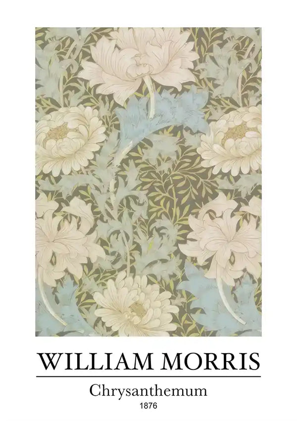 Een kunstwerk met bloemmotief met de titel "ccc 129 - bekende schilders" van CollageDepot, gemaakt door William Morris in 1876. Het ontwerp bestaat uit grote chrysanten met met elkaar verweven bladeren en stengels, voornamelijk in gedempte tinten groen, crème en blauw.-