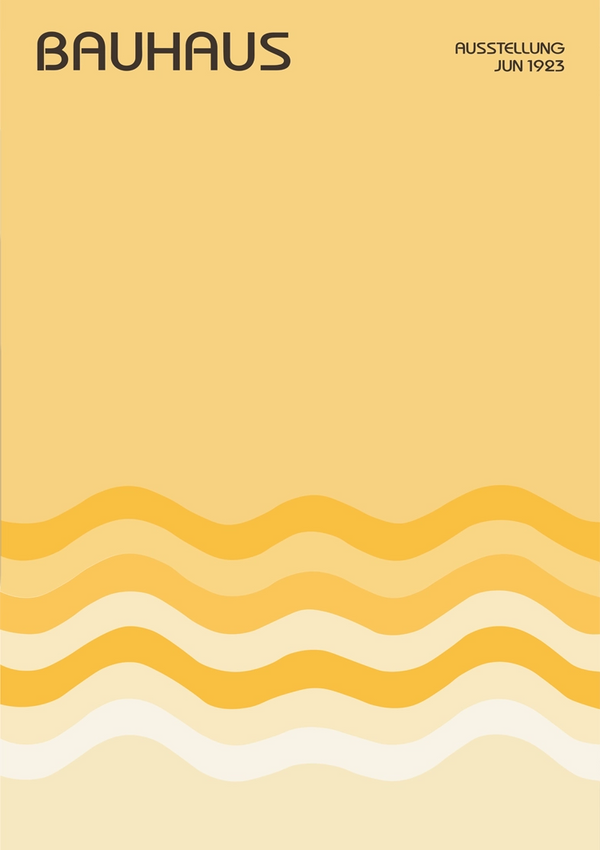 Een minimalistische poster voor een Bauhaus-tentoonstelling uit juni 1923, met een abstract ontwerp met vloeiende, golvende lijnen in oranje en gele tinten op een gedempte achtergrond uit de product 033 - bestsellerscollectie van CollageDepot.-