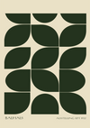 Een grafische poster met een raster van donkergroene en beige vierkanten, die elk de helft van een gestileerde bladvorm bevatten, waardoor een naadloos patroon ontstaat. De onderstaande tekst luidt: "BAUHAUS AUSSTELLUNG SEPT 1932 door CollageDepot - bestsellers.-