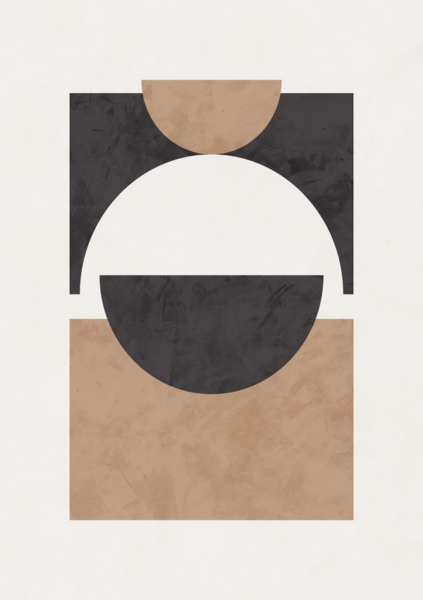 Een minimalistisch abstract kunstwerk met geometrische vormen in aardetinten: een groot zwart vierkant met respectievelijk een cirkel en een halve cirkel in crème en beige, gerangschikt op een gestructureerde witte achtergrond door CollageDepot's product 046 - bestsellers.-