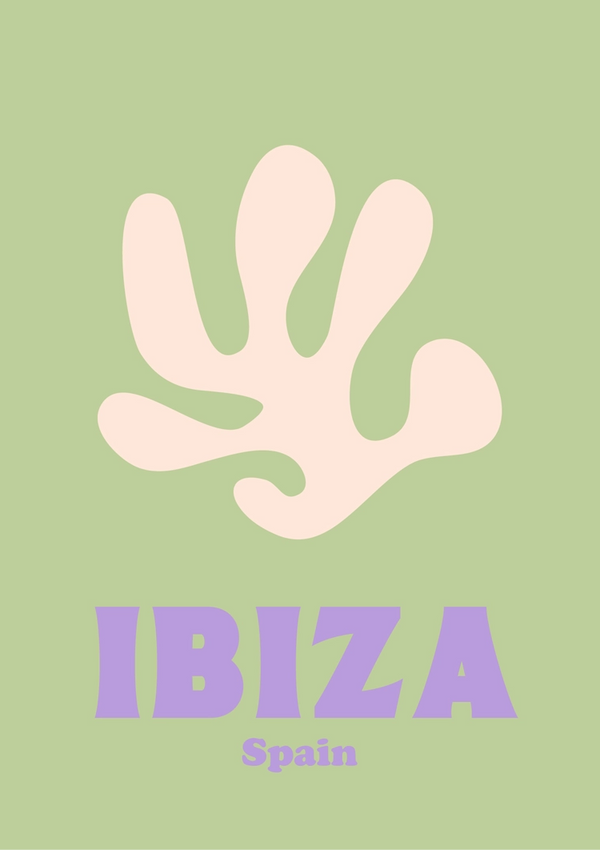 Grafisch ontwerp met een gestileerde beige koraalillustratie op een lichtgroene achtergrond, met het woord "IBIZA" in opvallende paarse letters en "Spanje" in kleinere paarse letters eronder. Dit is een product 051 - bestsellers van CollageDepot.-
