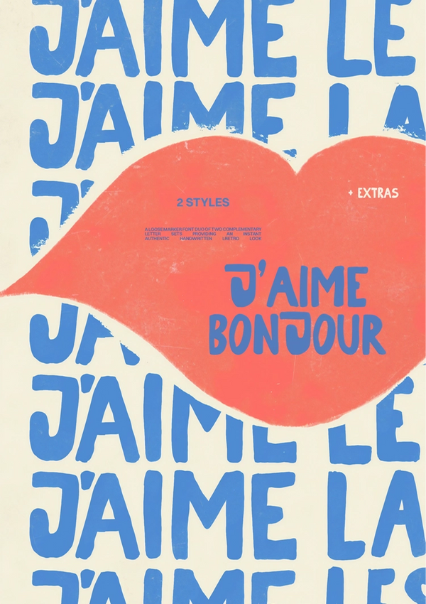 Een grafisch ontwerp met de tekst "J'AIME BONJOUR" in een rode, lippenvormige illustratie. De achtergrond bestaat uit herhaalde blauwe tekst "J'AIME LE". Het ontwerp vermeldt "2 stijlen" en "extra's" in kleine blauw-witte teksten op de lippen, perfect voor unieke wanddecoratie met een magnetisch ophangsysteem. Maak kennis met het J'aime Le Bonjour-schilderij van CollageDepot.-