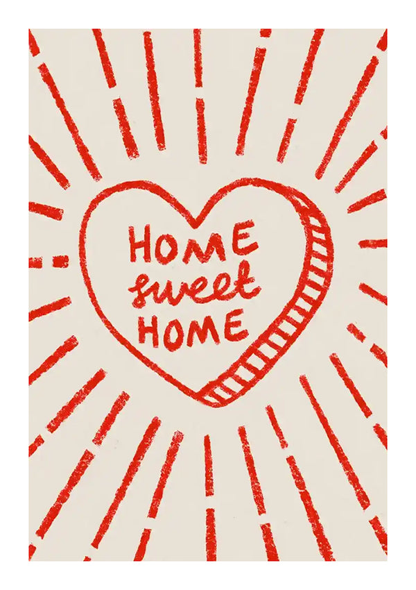Een handgetekende illustratie met een groot hart met de uitdrukking "Home Sweet Home" erin geschreven, omgeven door stralende rode lijnen op een beige achtergrond, van CollageDepot's bestsellers product 073.-