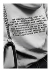 Een zwart-wit poster met ab 006 - zwart-wit t-shirt van CollageDepot, met verschillende motiverende zinnen, vergezeld van een ketting en een accessoire met riempjes eroverheen gedrapeerd.-