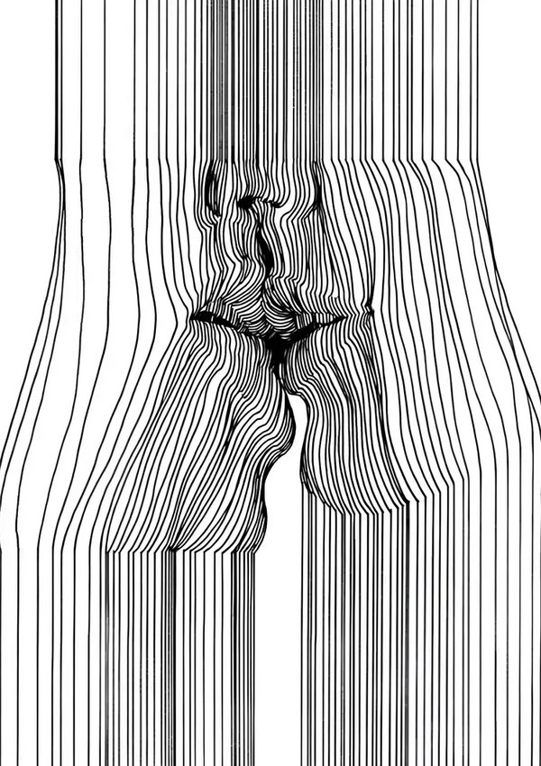 Een abstracte zwart-witte lijntekening met een paar gesloten lippen. De lijnen buigen en buigen om de vorm te vormen en creëren tegelijkertijd een illusie van diepte en textuur. Dit opvallende Met lijnen gevormd gezicht schilderij van CollageDepot heeft verticale lijnen die van boven naar beneden lopen, wat een gevoel van vloeibaarheid geeft.