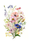 Een aquarelillustratie van een boeket met verschillende bloemen, waaronder roze, paarse, gele en blauwe bloesems, met groene bladeren en stengels. De witte achtergrond accentueert de delicate en kleurrijke details van elke bloem. Dit kunstwerk staat bekend als aba 004 - bloemen van CollageDepot.-