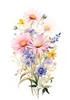 Een gedetailleerde illustratie van een bloemboeket bestaande uit verschillende bloemen, waaronder roze, witte en gele madeliefjes, en klokjeachtige bloemen. Alle elementen zijn verweven met groen blad en het boeket speelt zich af tegen een witte achtergrond. Dit is "aba 008 - bloemen" van CollageDepot.-