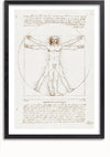 Een ingelijste illustratie van de Vitruviusman van Leonardo da Vinci, met een mannelijke figuur in twee over elkaar heen geplaatste posities met zijn armen en benen uit elkaar, ingeschreven in een cirkel en vierkant, vergezeld van handgeschreven aantekeningen - dit boeiende Leonardo Da Vinci Vitruviusman-schilderij van CollageDepot is perfect voor presenteren met een magnetisch ophangsysteem.