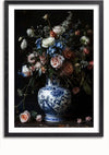 Een ingelijst Delfts Blauw Rozen en Vaas Schilderij van CollageDepot, perfect als wanddecoratie, toont een bloemstuk in een blauw-witte porseleinen vaas met een verscheidenheid aan rozen en groen. De donkere achtergrond contrasteert prachtig met de kleurrijke bloemen, terwijl gevallen bloemblaadjes en bloesems verspreid liggen aan de voet van de vaas.,Zwart-Met,Lichtbruin-Met,showOne,Met