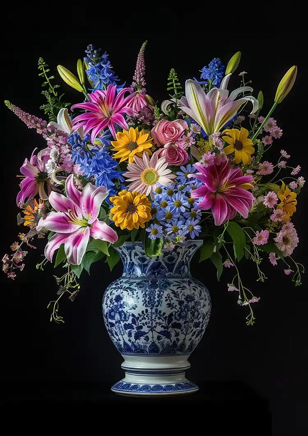Een grote Delfts Blauw Levendige Bloemen In Vaas met verschillende bloemen, waaronder lelies, madeliefjes en rozen, weergegeven in een blauw-witte porseleinen vaas. Het arrangement heeft levendige en contrasterende kleuren. Met een effen zwarte achtergrond die de levendige kleuren van de bloemen benadrukt, is hij perfect als opvallende wanddecoratie. Dit prachtige stuk wordt u aangeboden door CollageDepot.