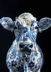 Er wordt een koe gezien met een uniek ontwerp dat lijkt op blauwe en witte porseleinpatronen. De ingewikkelde bloemmotieven bedekken het gezicht en lichaam en creëren een artistiek en opvallend visueel effect tegen een zwarte achtergrond. Dit prachtige exemplaar wordt door CollageDepot de "aab 330 Delfts blauw" genoemd.-