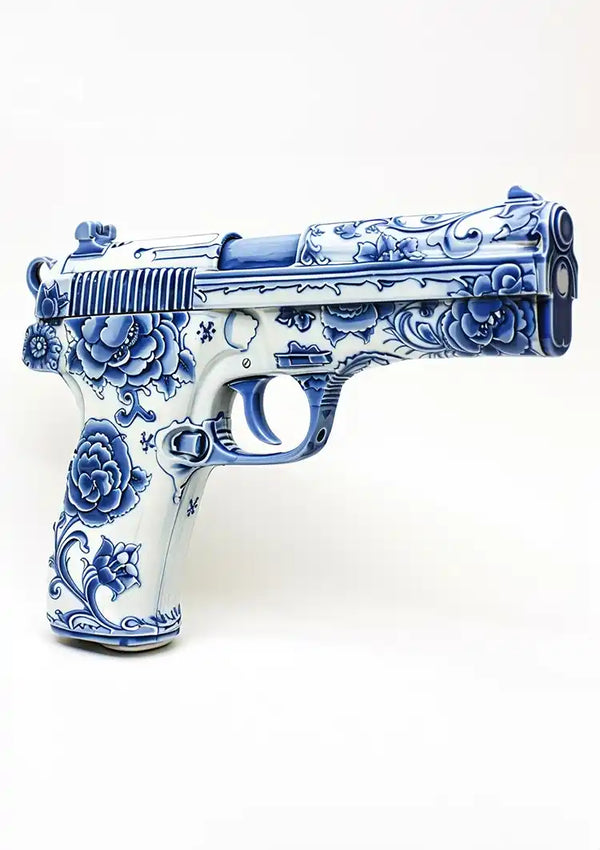 Het CollageDepot aab 331 Delfts blauw met ingewikkelde blauwe bloempatronen die het oppervlak versieren. Het ontwerp bedekt de meeste delen van het vuurwapen, waardoor het een sierlijk en onderscheidend uiterlijk krijgt tegen een witte achtergrond.-