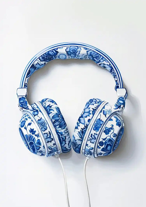 Een paar CollageDepot aab 333 Delfts blauw met een blauw en wit bloemmotief, dat lijkt op traditionele keramische patronen. De hoofdtelefoon is voorzien van zachte oorkussens en een hoofdband met dezelfde bloemenprint. Vanaf de onderkant van de oorschelpen loopt een witte kabel.-